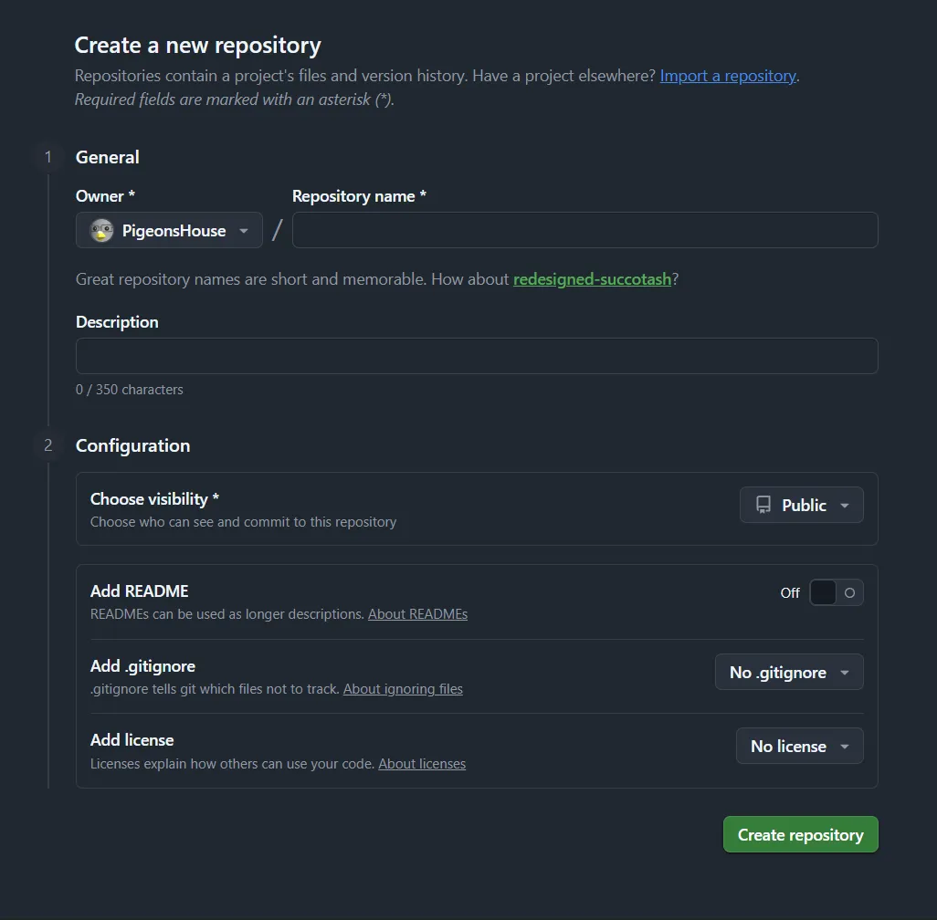 新しいリポジトリの作成画面